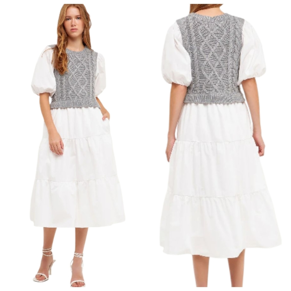 Anthropologie English Factory Wht/Gray Cable Knit Puff Sleeve Tier Ruffle Dress